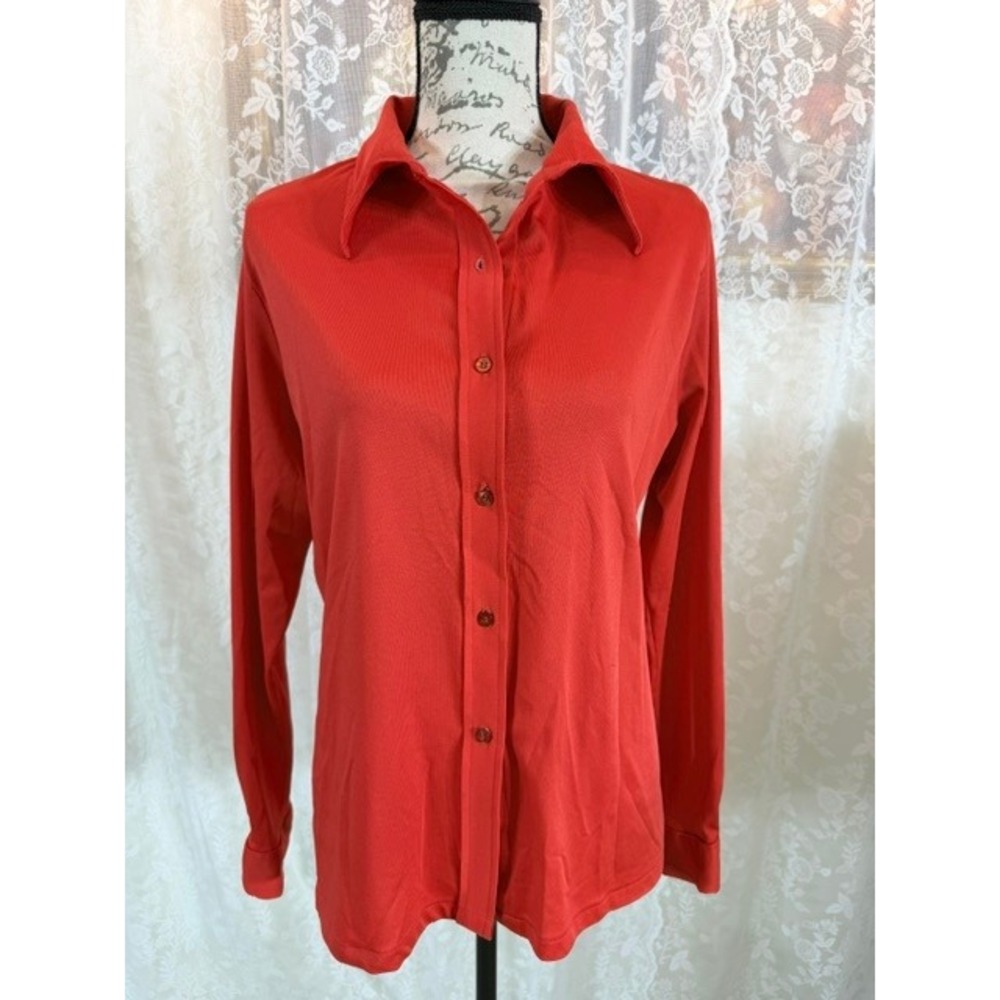 Vintage JCPenney Fashions Red Long Sleeve Button Down Shirt Pointed Collar 70s